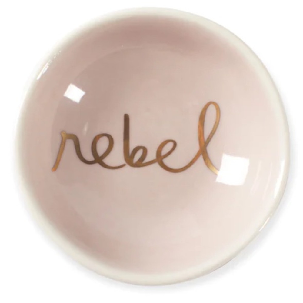 “rebel” artful metallic gold lettering & border round ceramic trinket tray-NWT